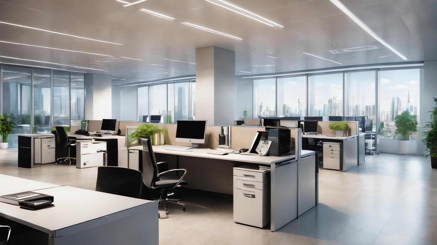 modern office with desk and chairs in front of a window photo