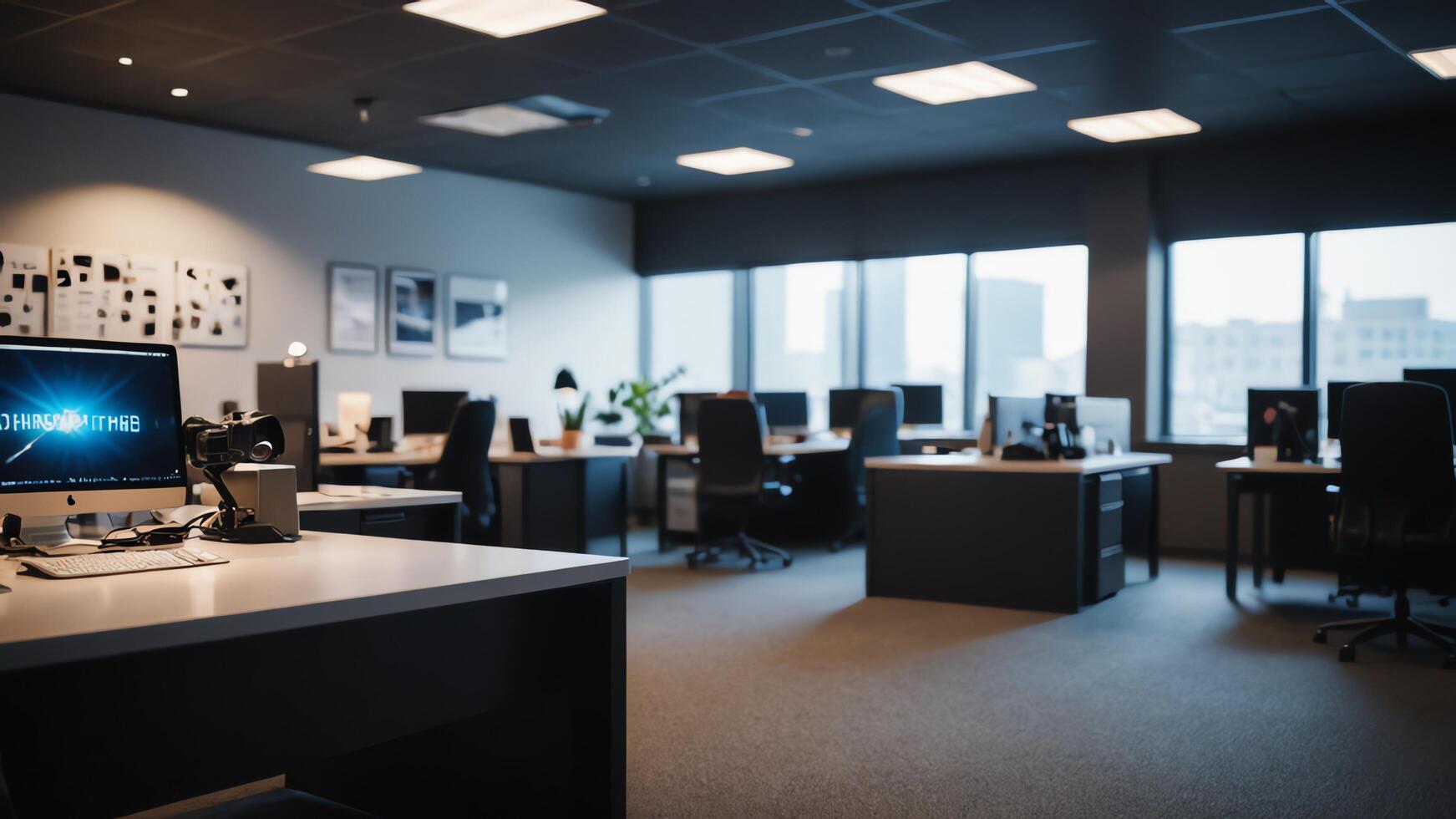 modern office with desk and chairs in front of a window photo