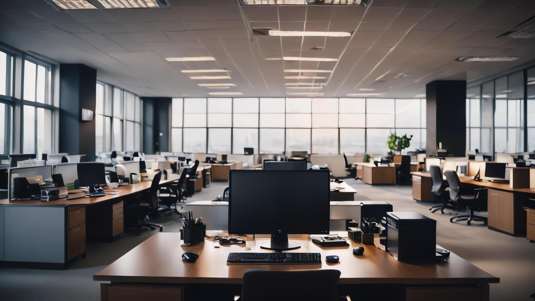 modern office with desk and chairs in front of a window photo