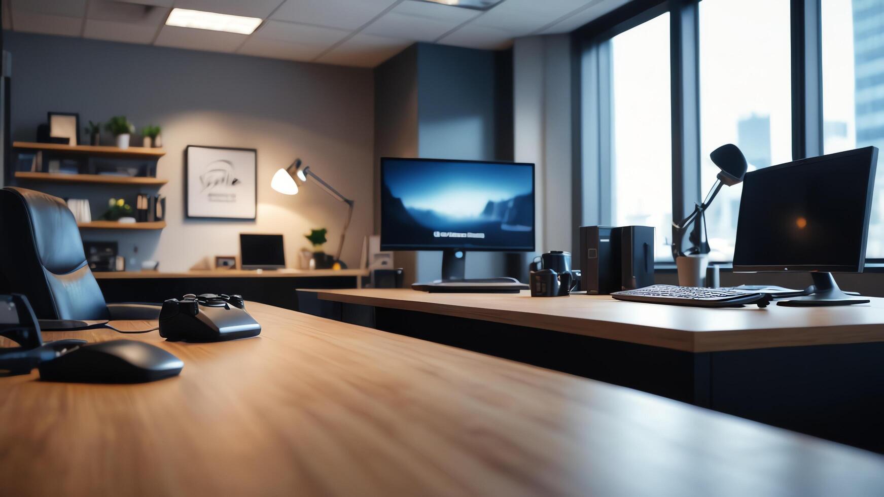 modern office with desk and chairs in front of a window photo