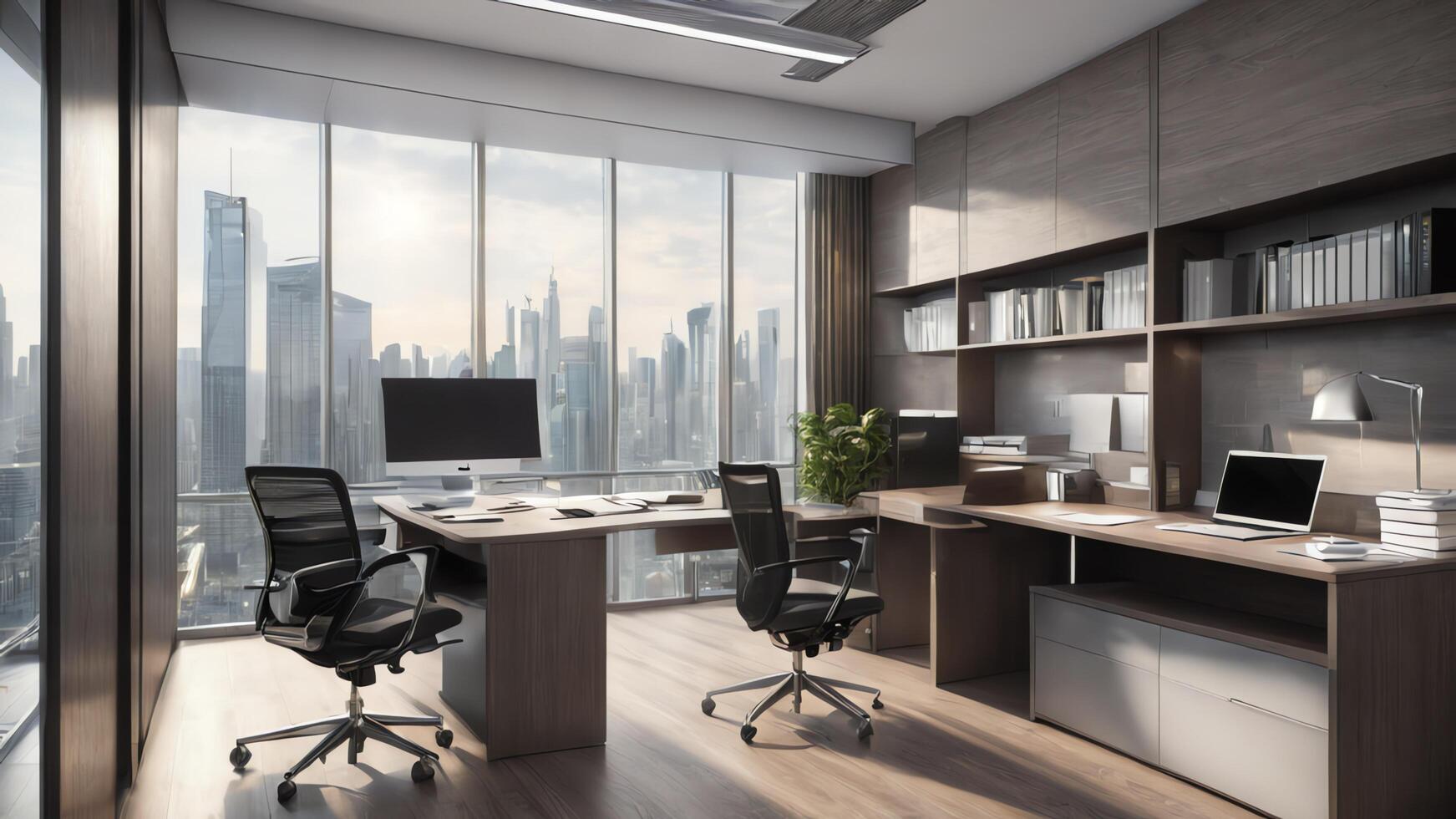 modern office with desk and chairs in front of a window photo