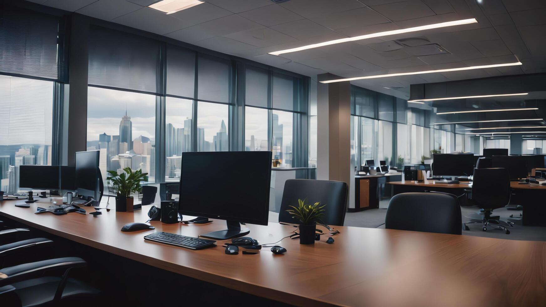 modern office with desk and chairs in front of a window photo