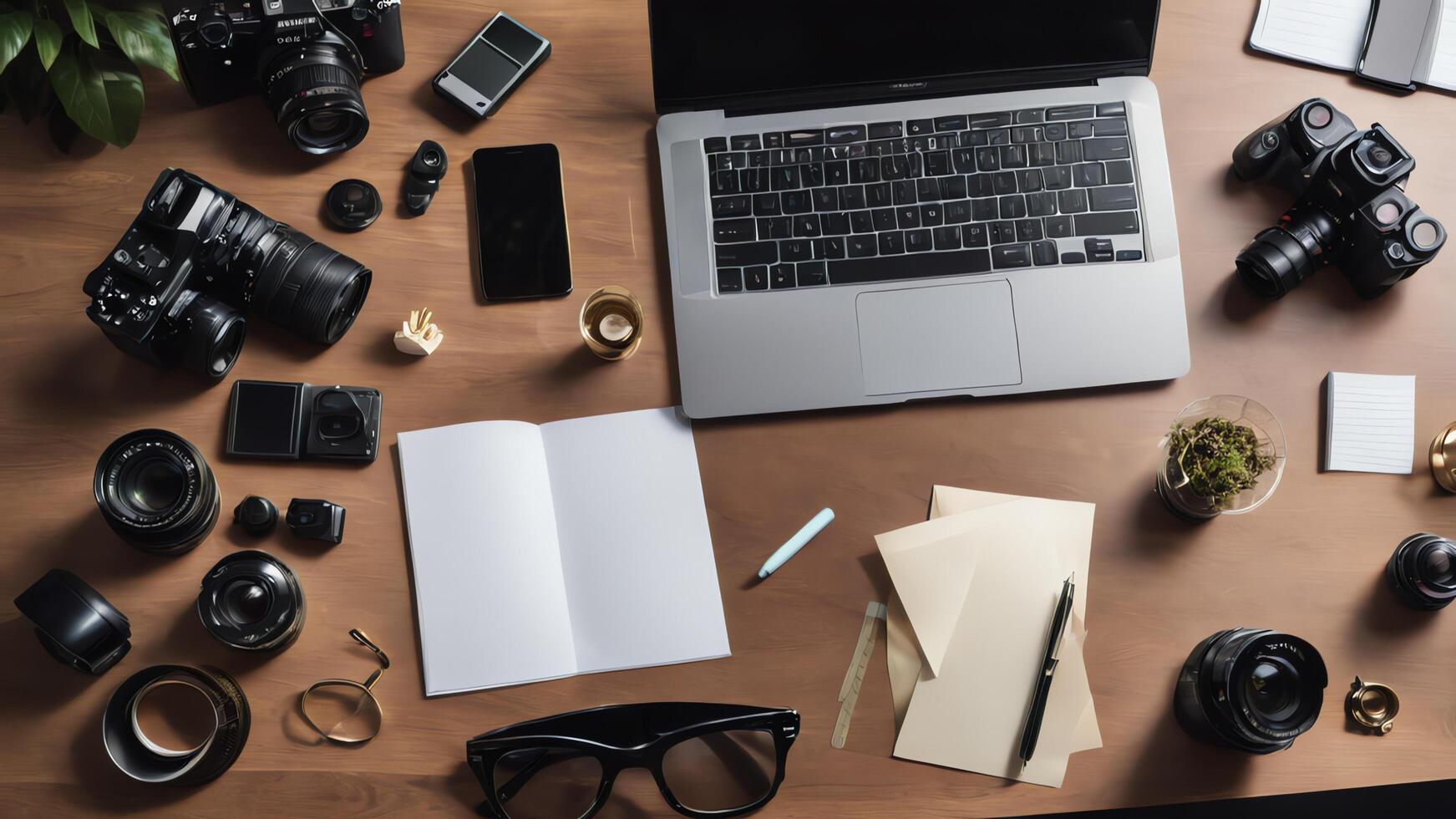 a laptop, camera, notebook, pen, glasses and other items on a desk photo