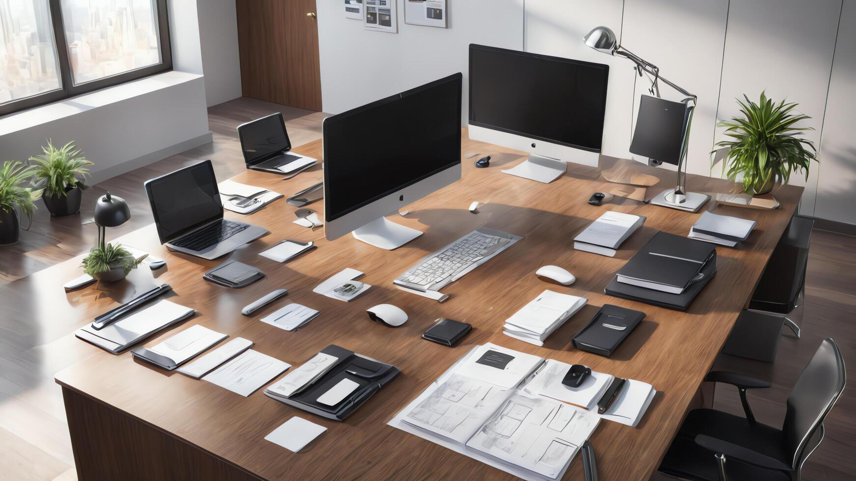 a desk with a computer, camera, and other items photo