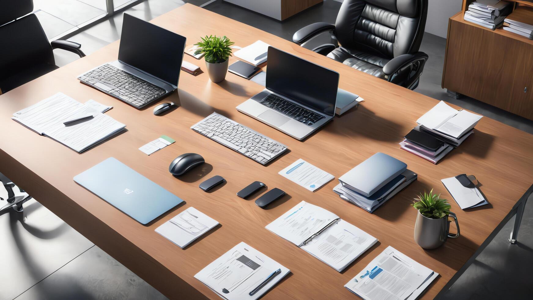 a desk with a computer, a laptop, and a cup of coffee photo