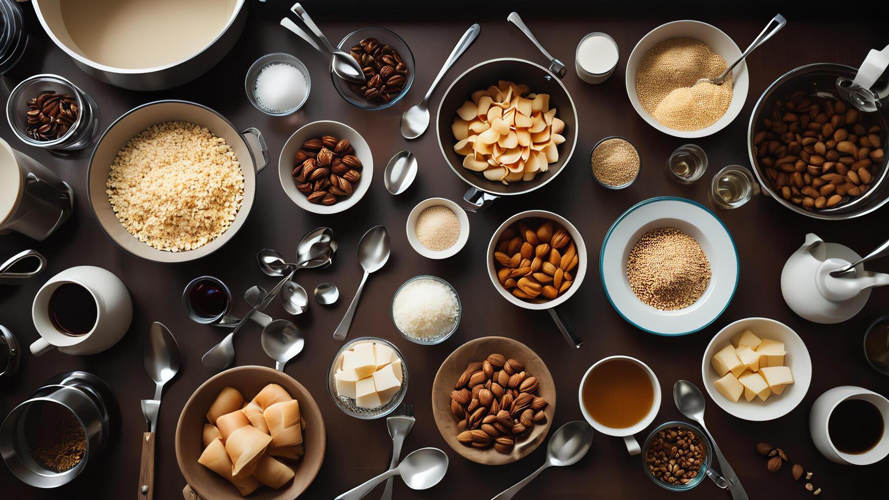 a camera, food, and other items on a table photo
