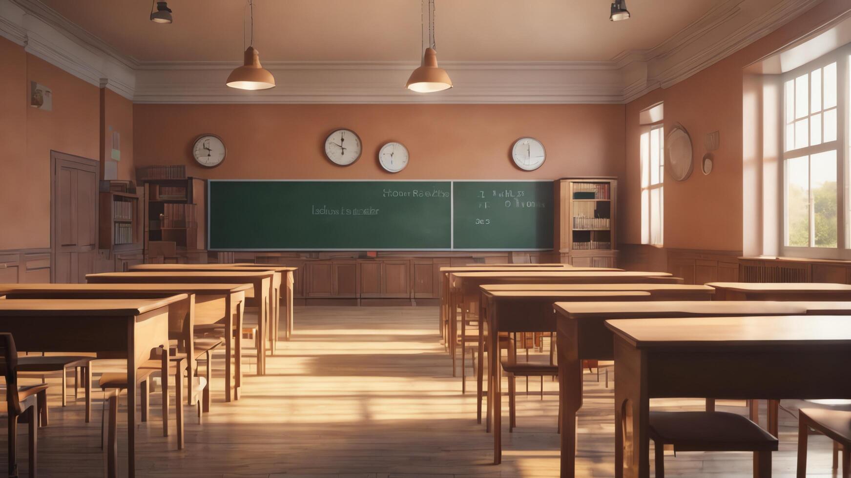 empty classroom with wooden desks and black chairs photo
