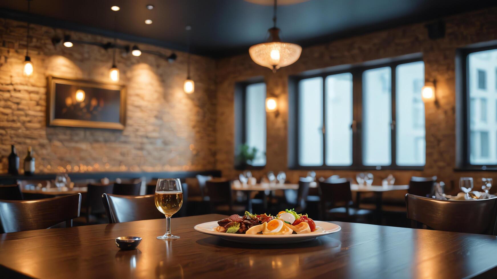 a table with a plate of food and wine glasses photo