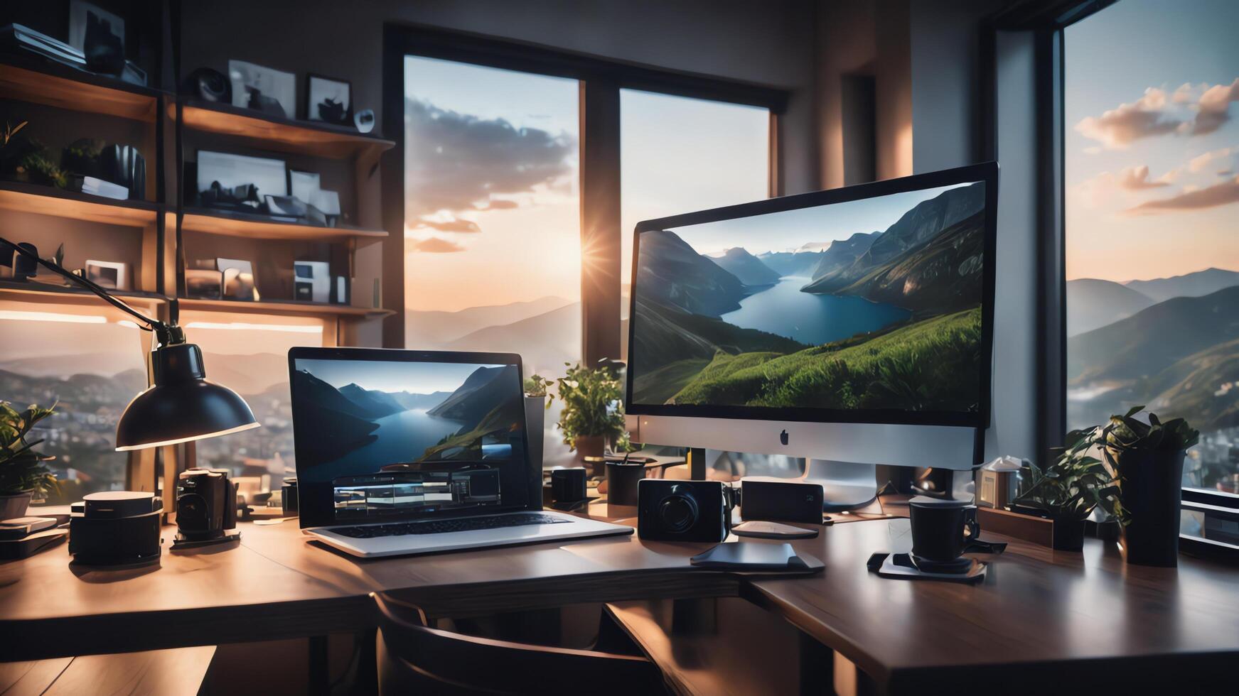 a computer and monitor sitting on a desk in front of a window photo