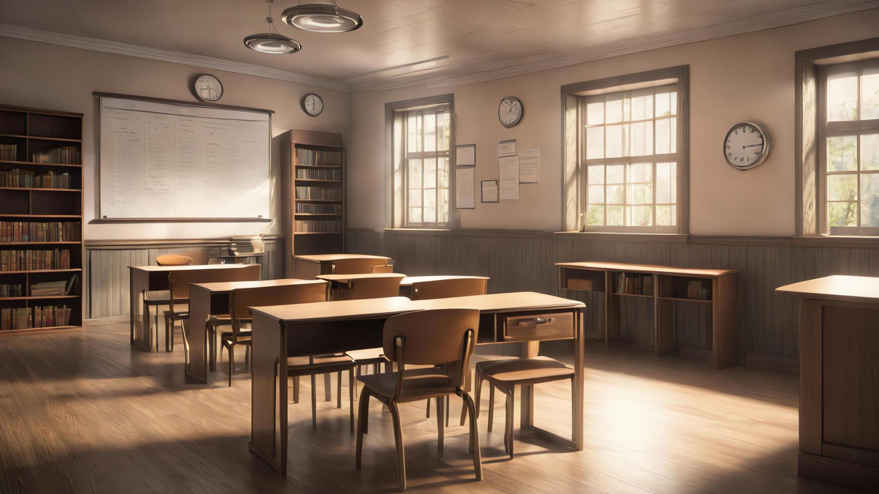 empty classroom with wooden desks and black chairs photo