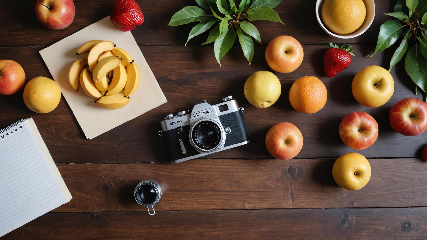 table with a laptop, notebook, and fruit photo