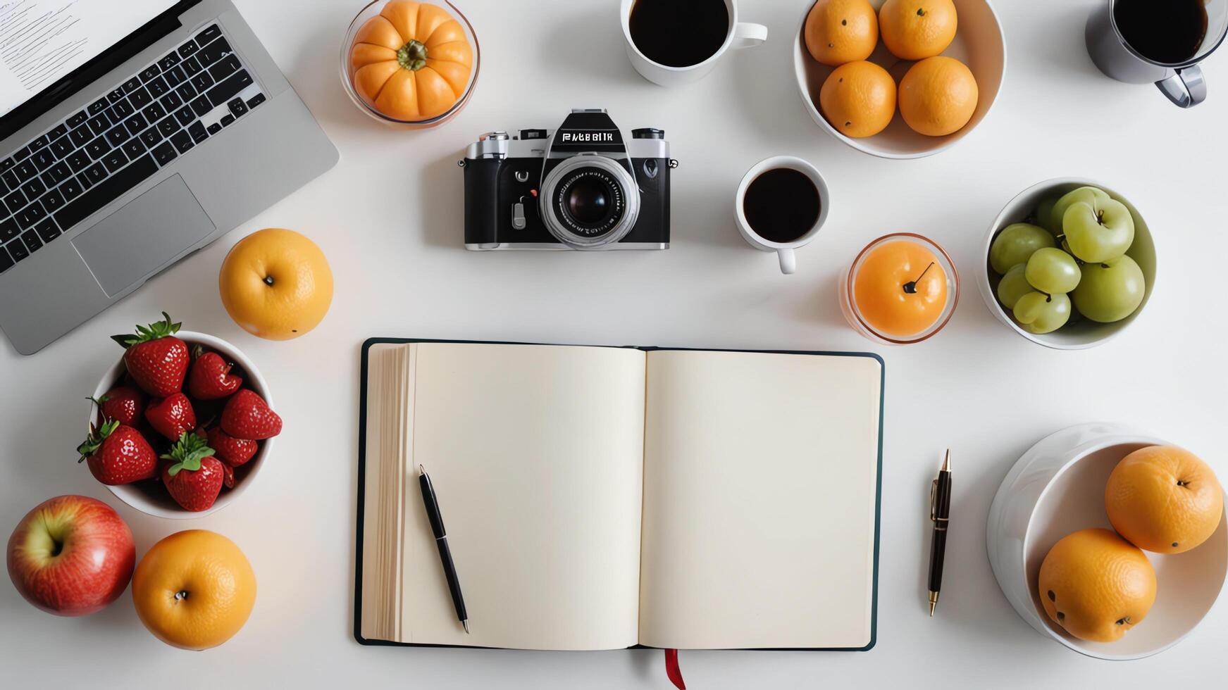a laptop, camera, and fruit on a table photo