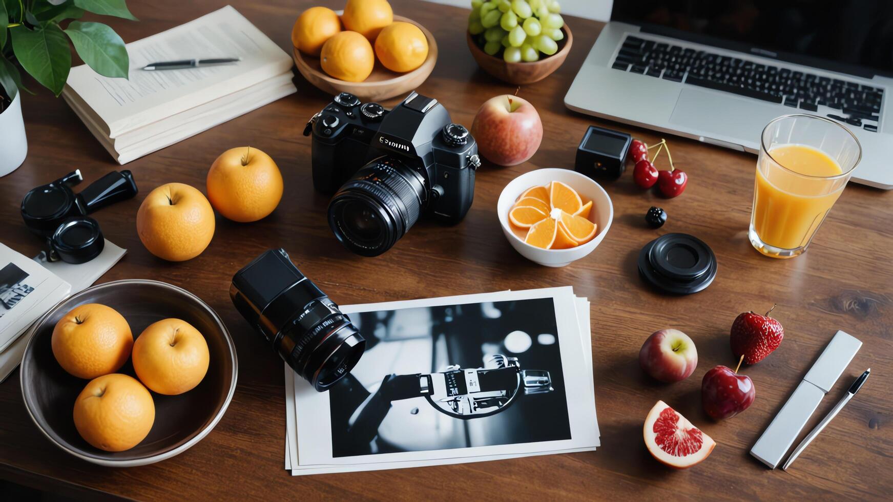 table with a laptop, notebook, and fruit photo