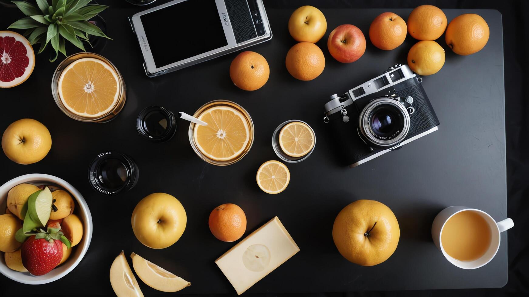 table with a laptop, notebook, and fruit photo