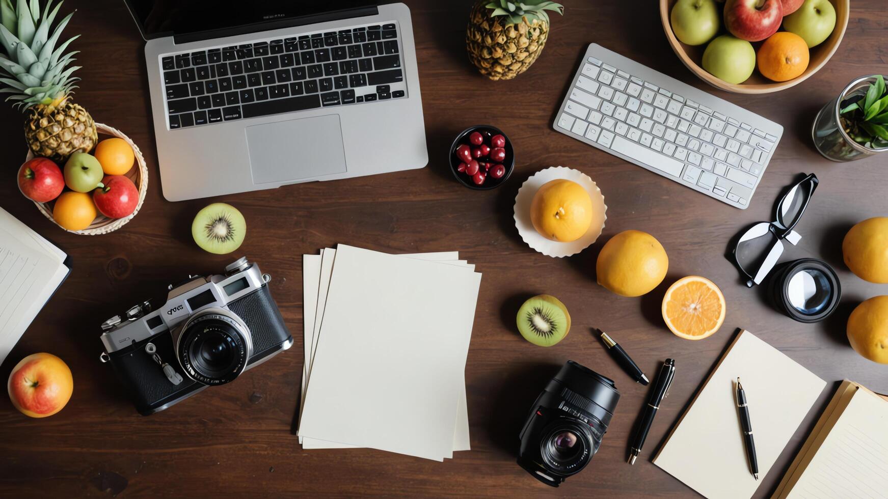 a laptop, camera, and fruit on a table photo