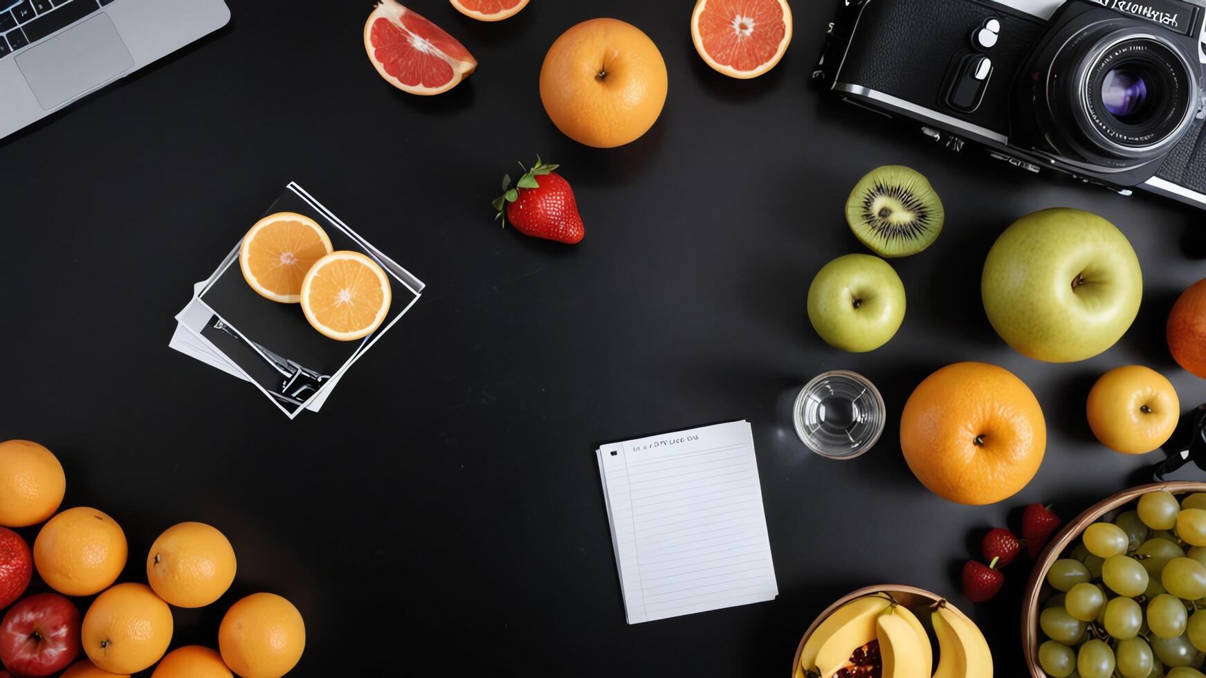table with a laptop, notebook, and fruit photo