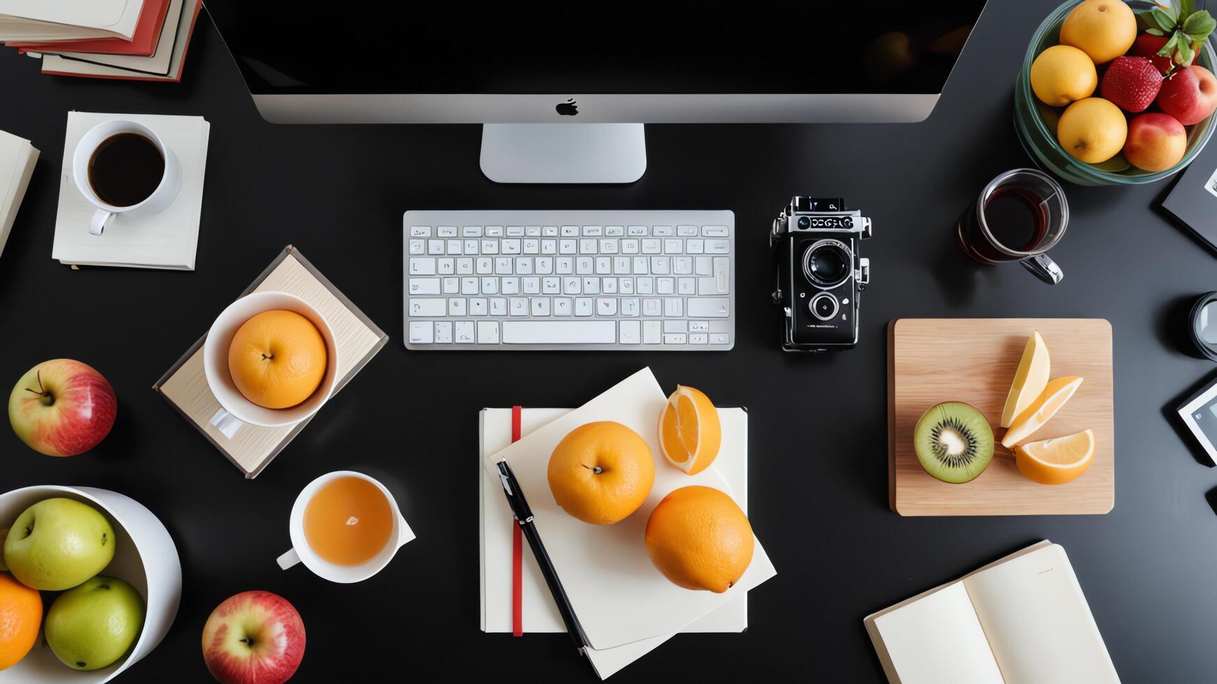 table with a laptop, notebook, and fruit photo