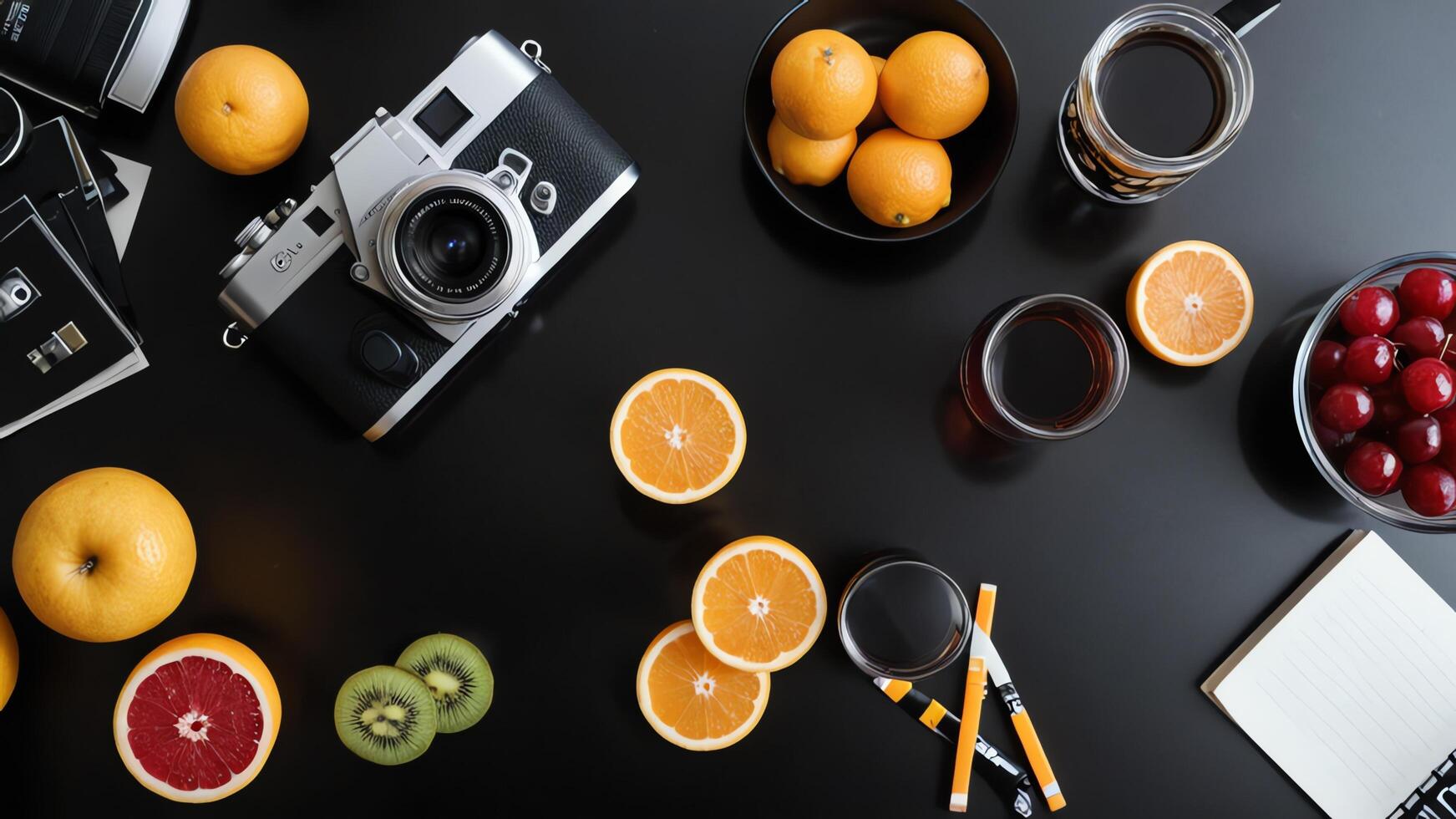 table with a laptop, notebook, and fruit photo