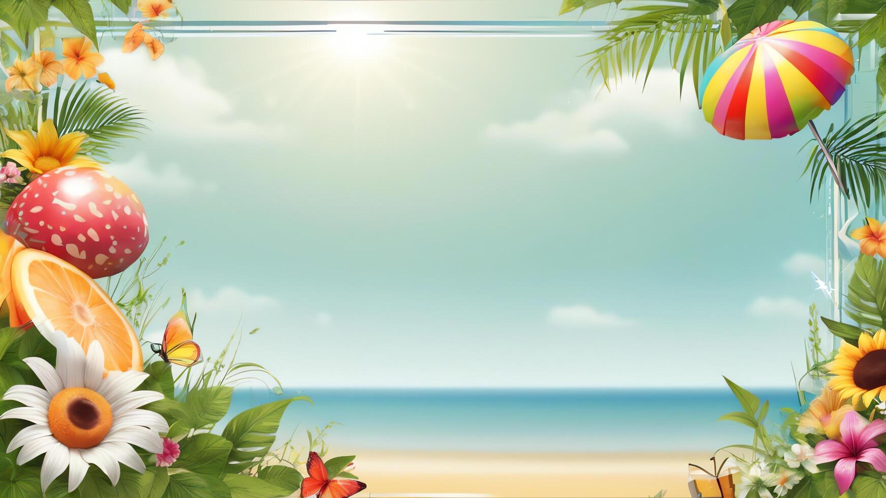 summer vacation frame with tropical fruits and flowers photo