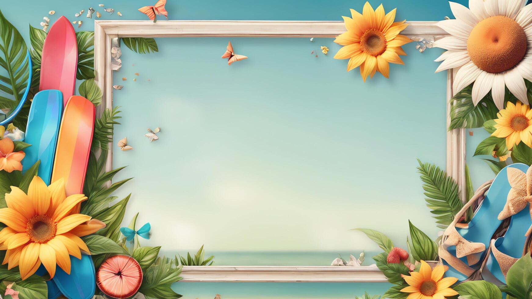 summer vacation frame with tropical fruits and flowers photo