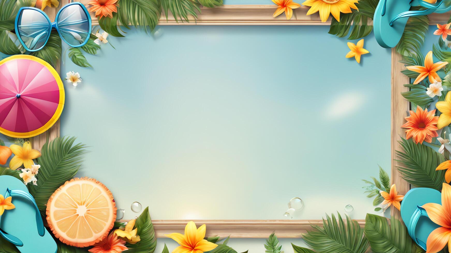 summer vacation frame with tropical fruits and flowers photo