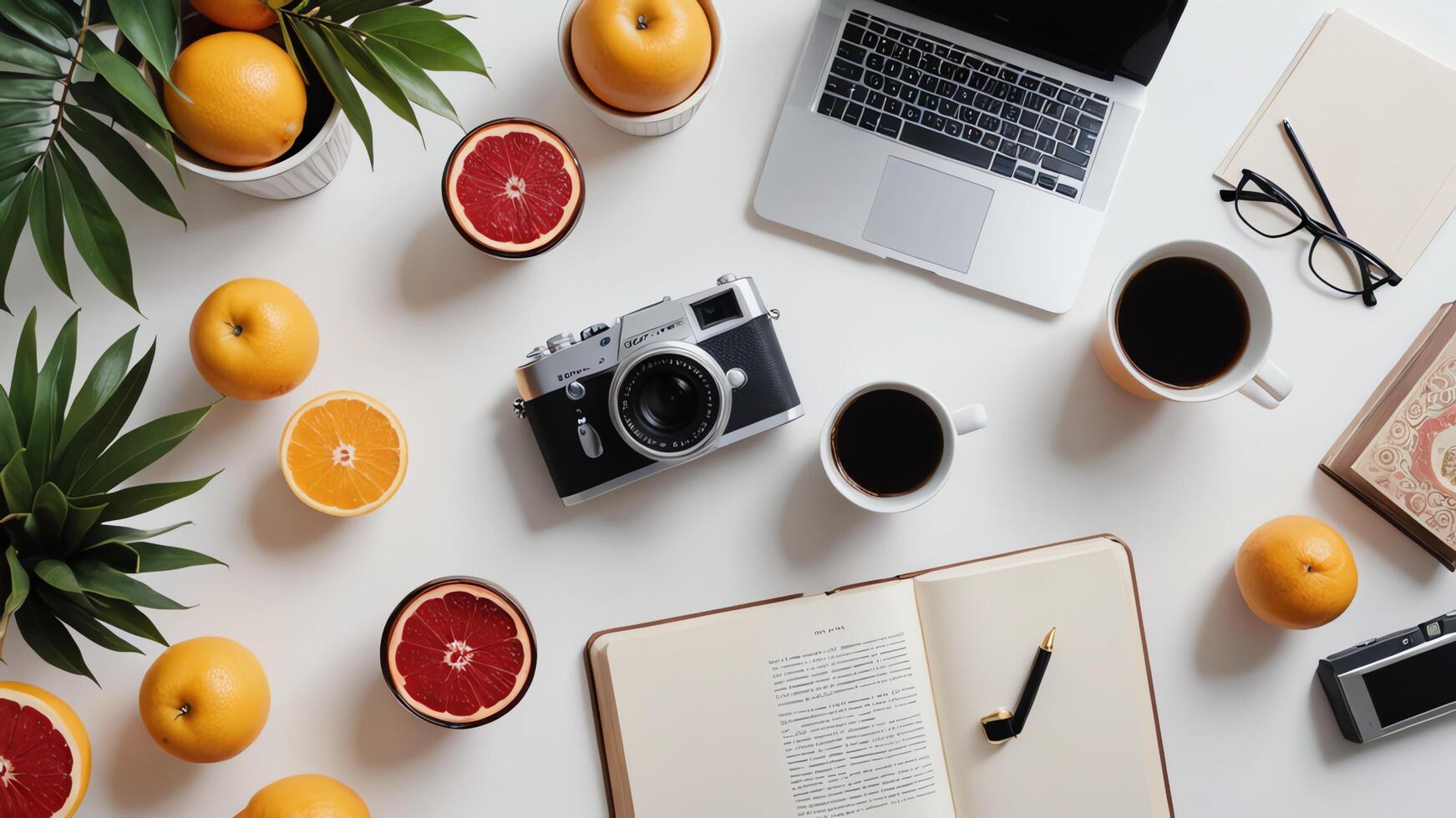 a laptop, fruit, and coffee on a table photo