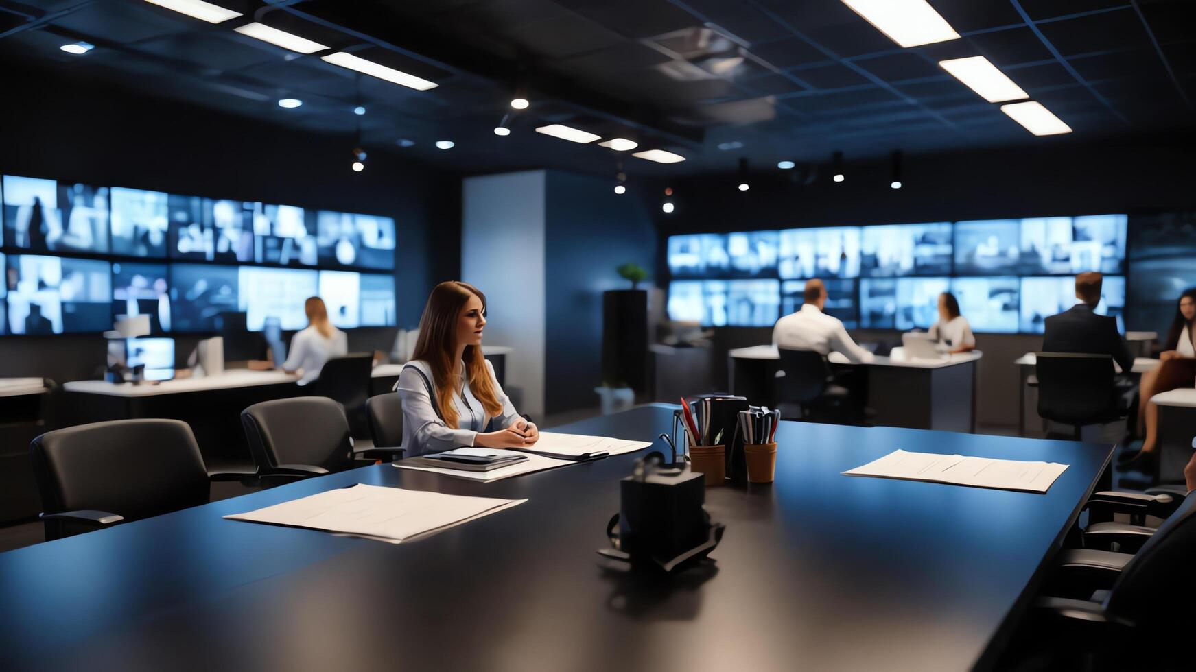 a group of people in a conference room photo