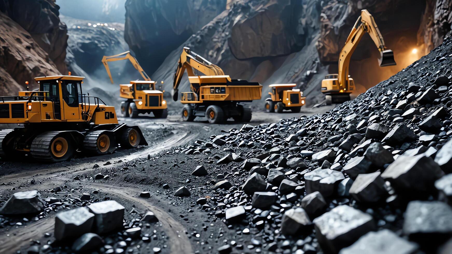 large excavators in a mine with light shining through photo