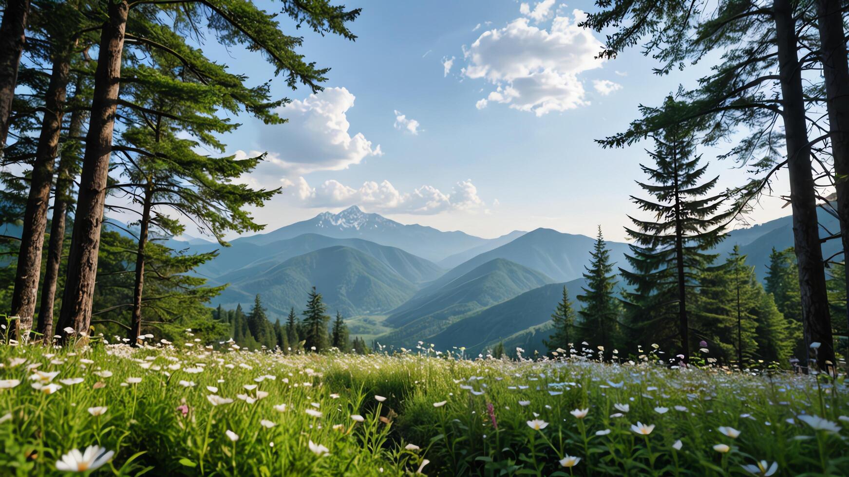 a view of the mountains from a forest photo