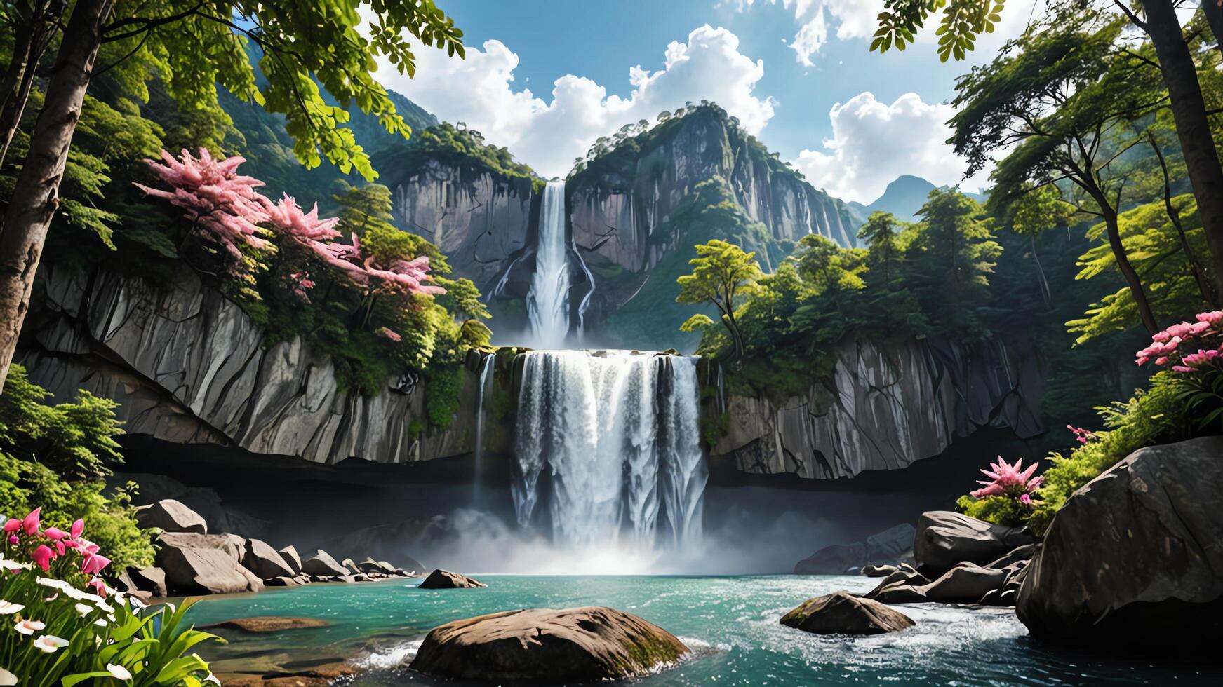 a view of the mountains from a forest and waterfall photo