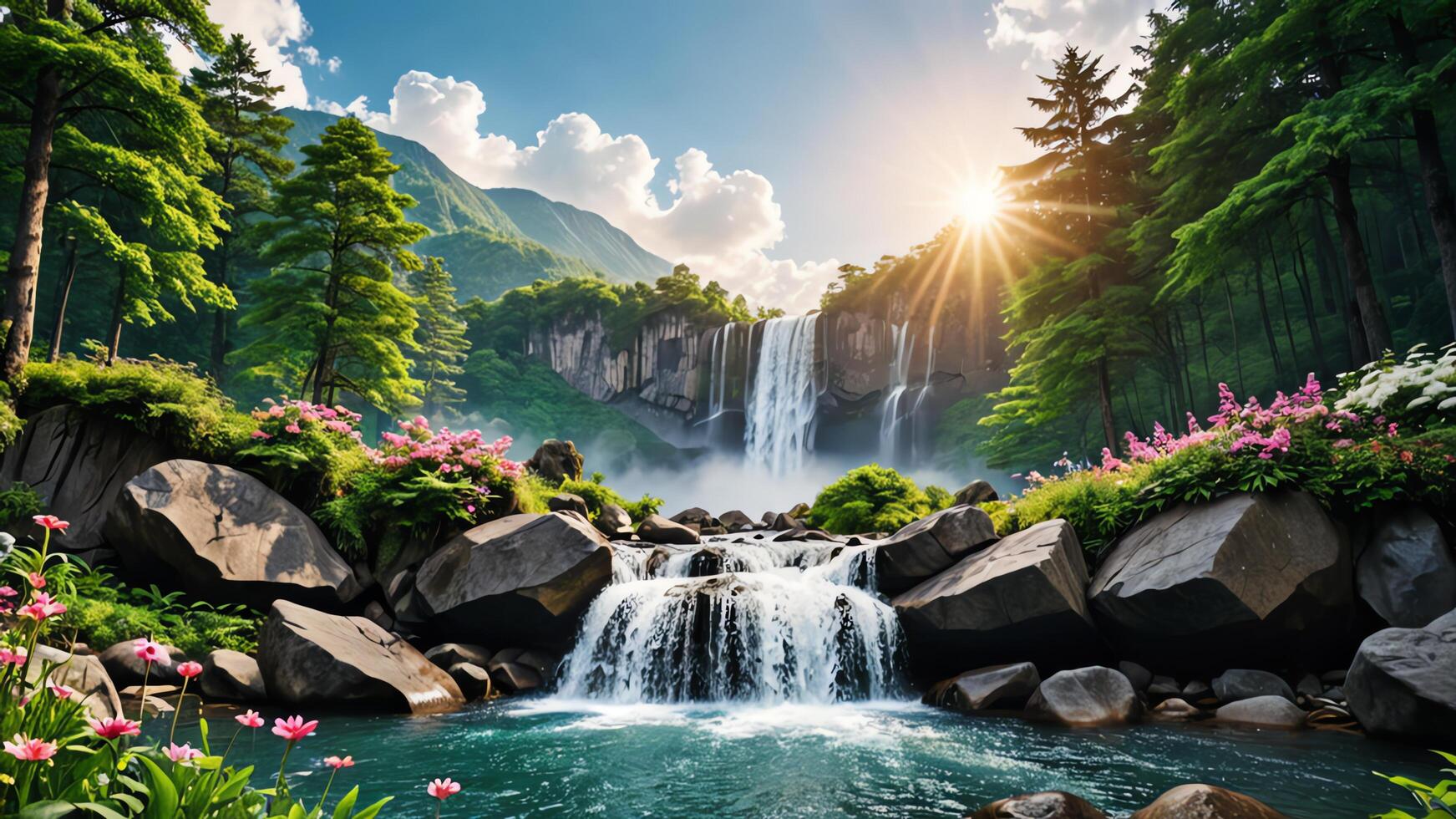a view of the mountains from a forest and waterfall photo