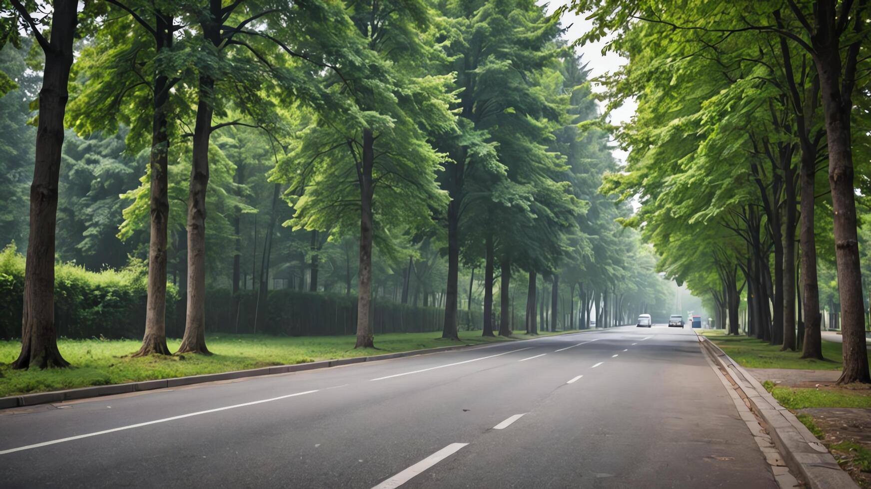 an empty road lined with trees in the middle of a forest photo