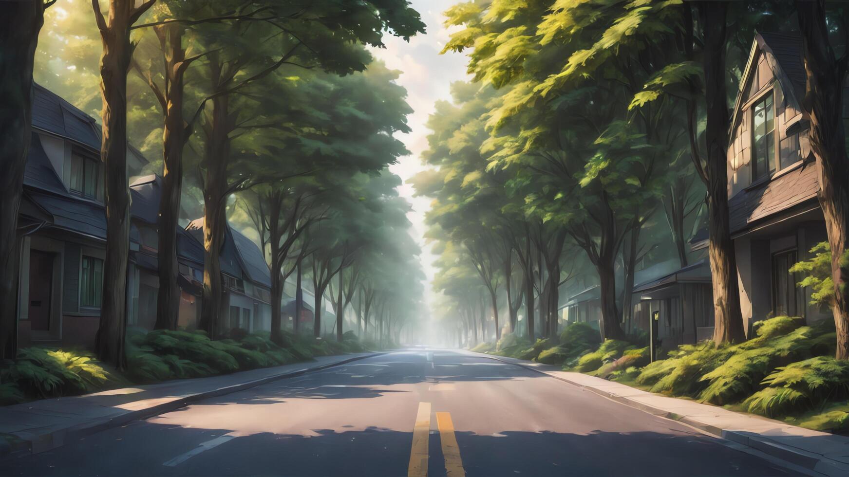 an empty road lined with trees in the middle of a forest photo