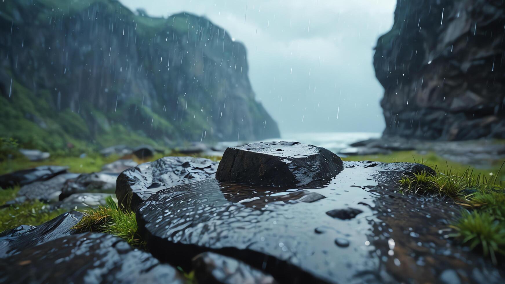 rain on rocks in the middle of a river photo