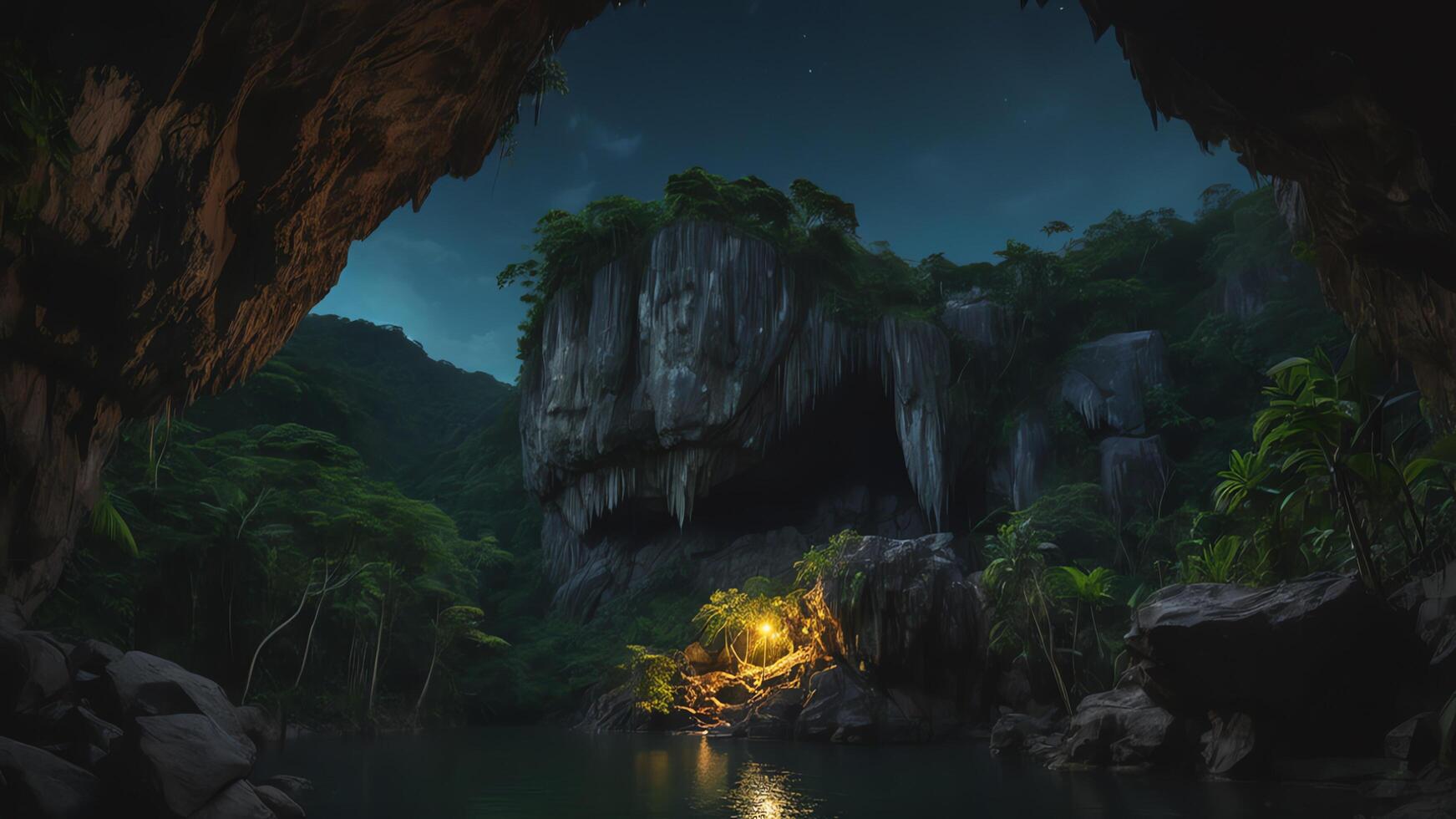 beautiful view of the cliff at night with trees and extensive forest photo