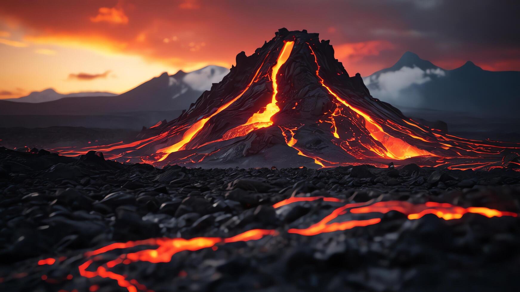 a volcano with lava flowing out of it photo