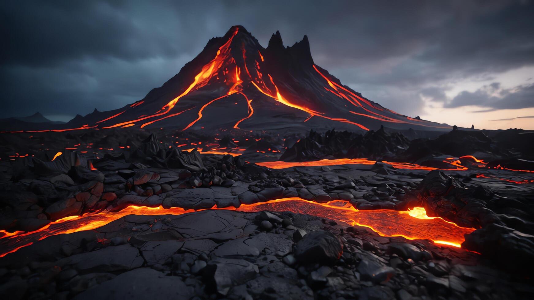 a volcano with lava flowing out of it photo