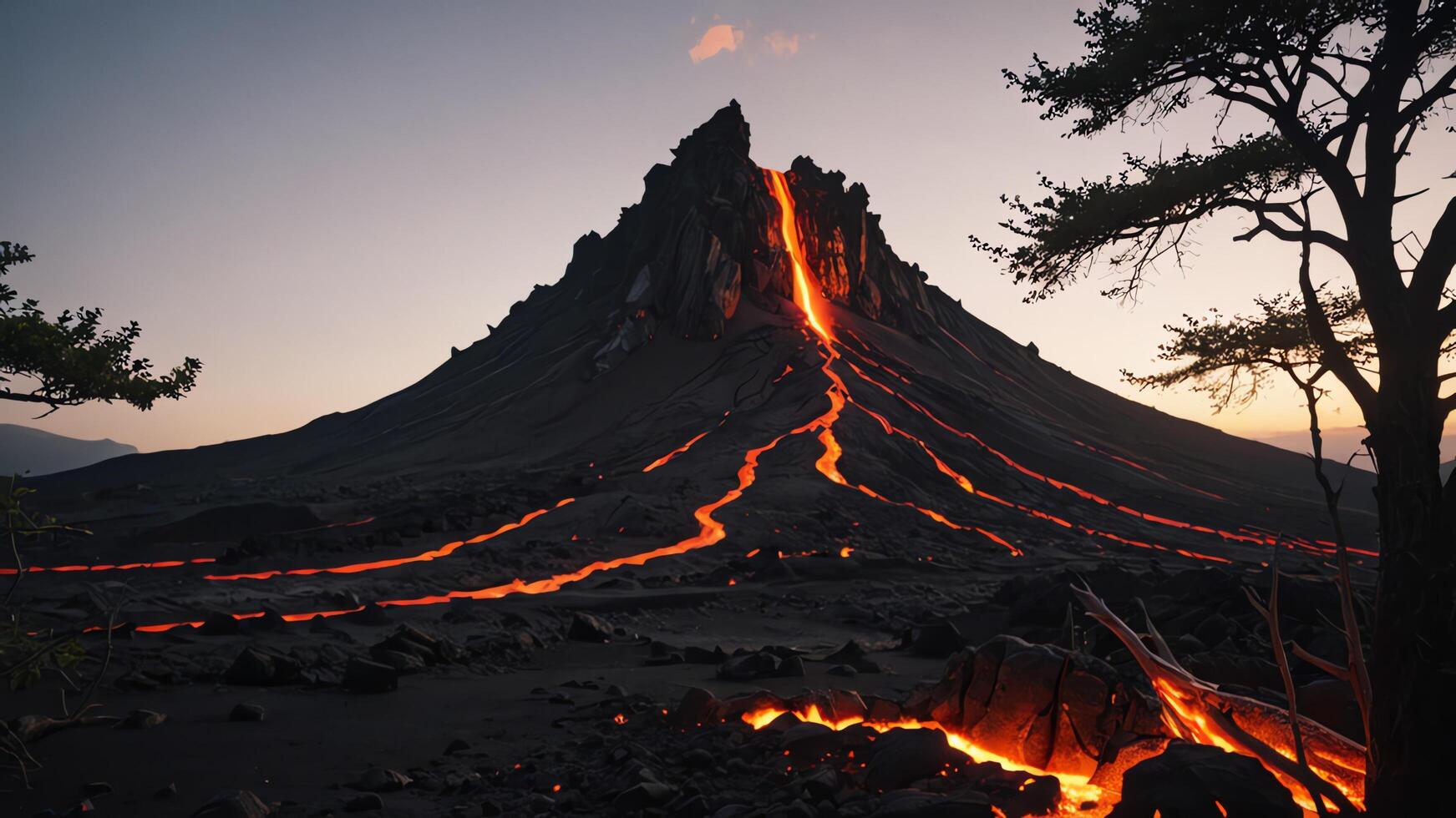 a volcano with lava flowing out of it photo