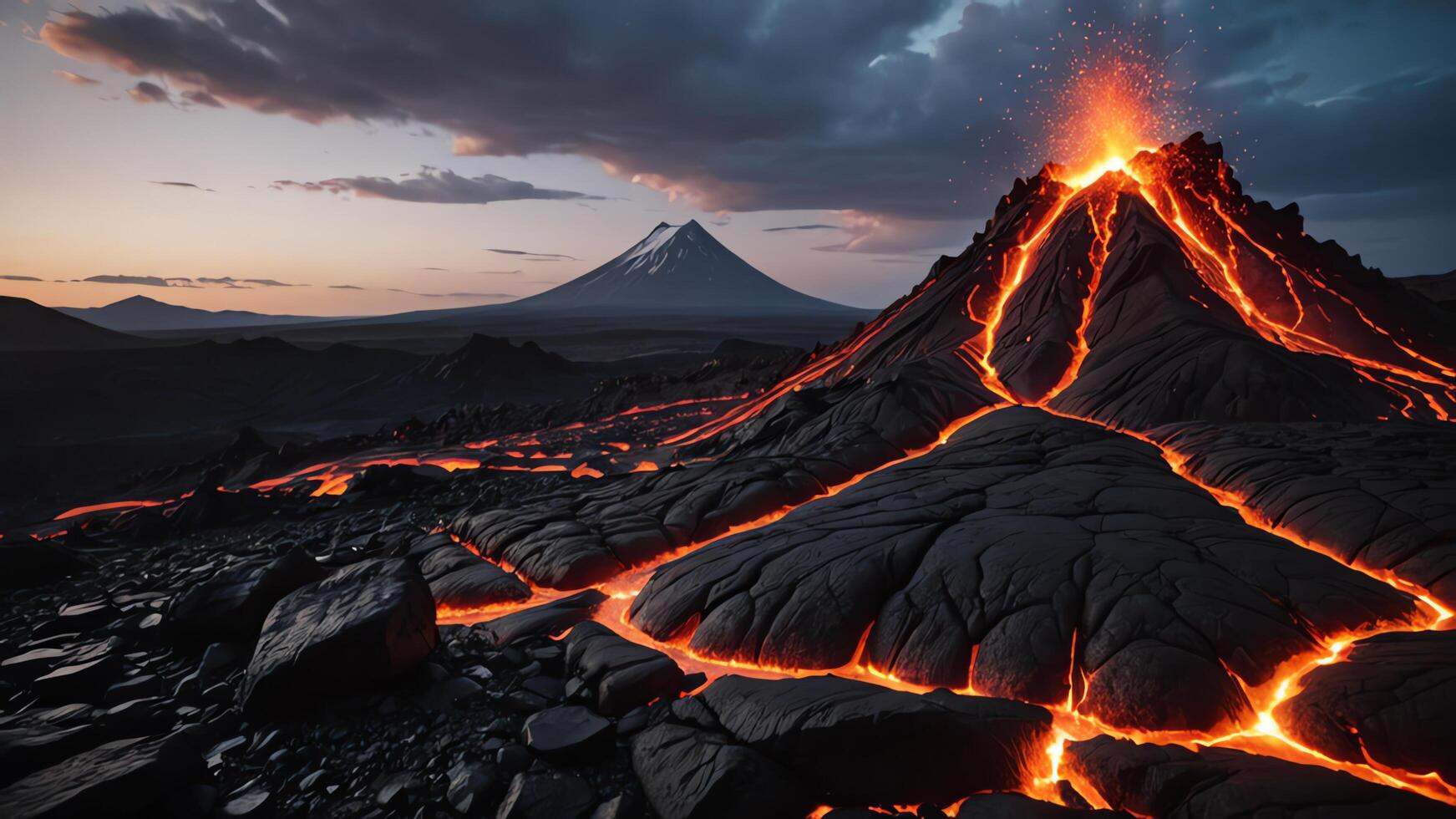 a volcano with lava flowing out of it photo