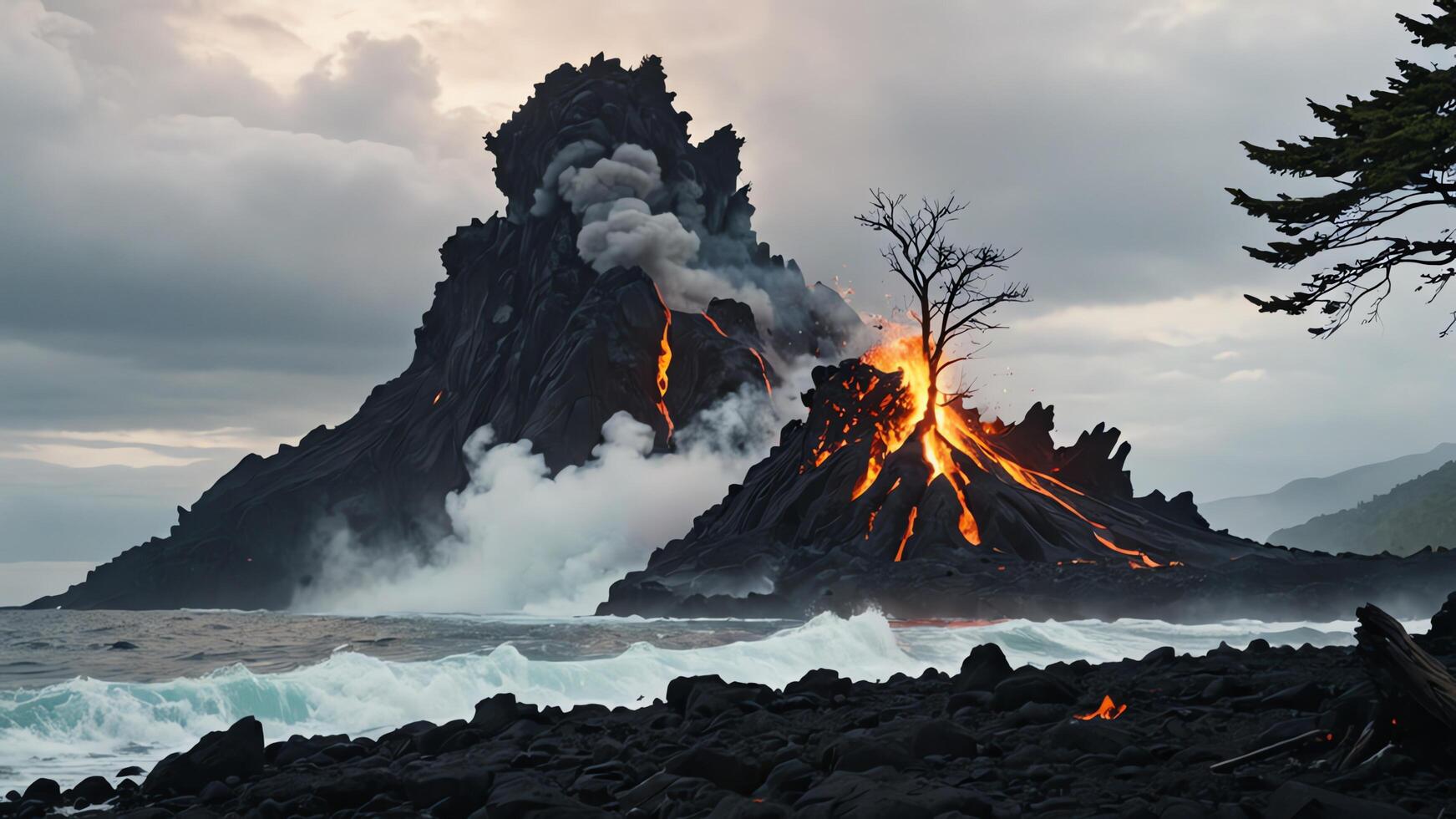 a volcano is erupting into the ocean with black lava photo