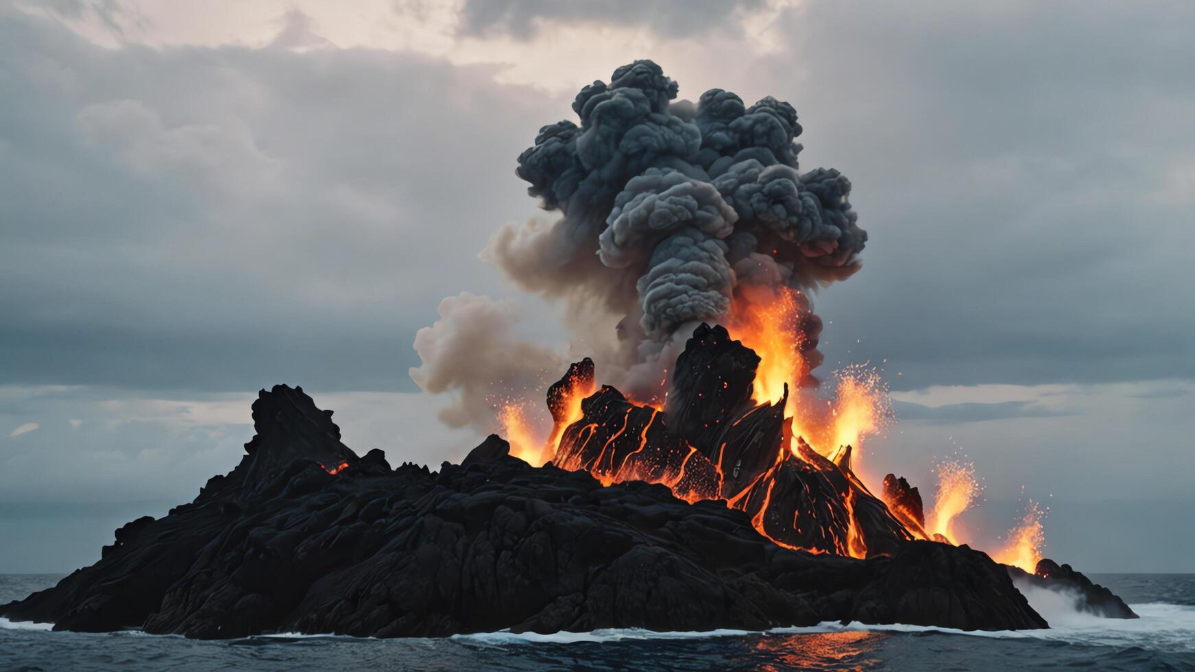 a volcano is erupting into the ocean with black lava photo