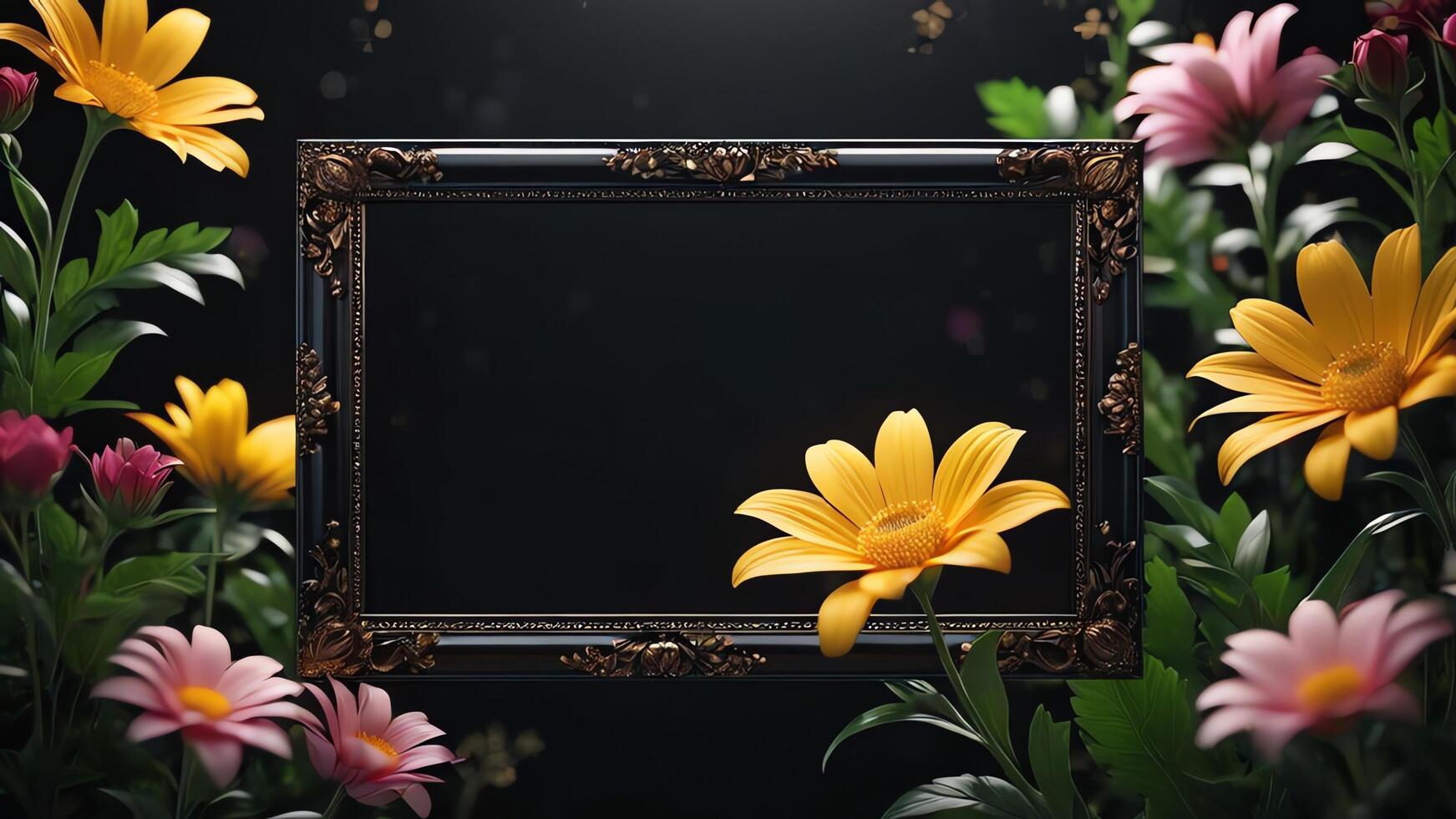 a black frame with flowers and a light photo
