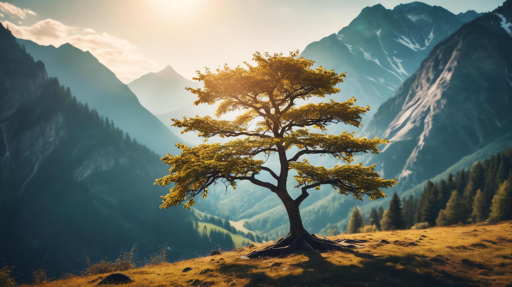 a lone tree stands overlooking a valley photo