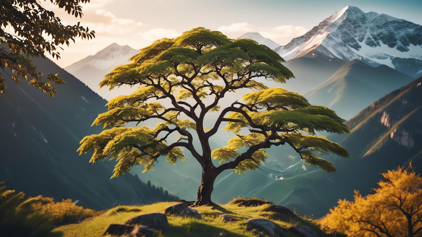a lone tree stands overlooking a valley photo