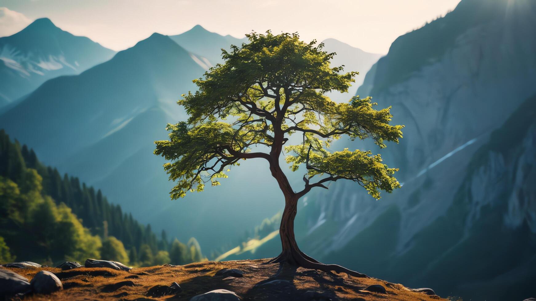 a lone tree stands overlooking a valley photo