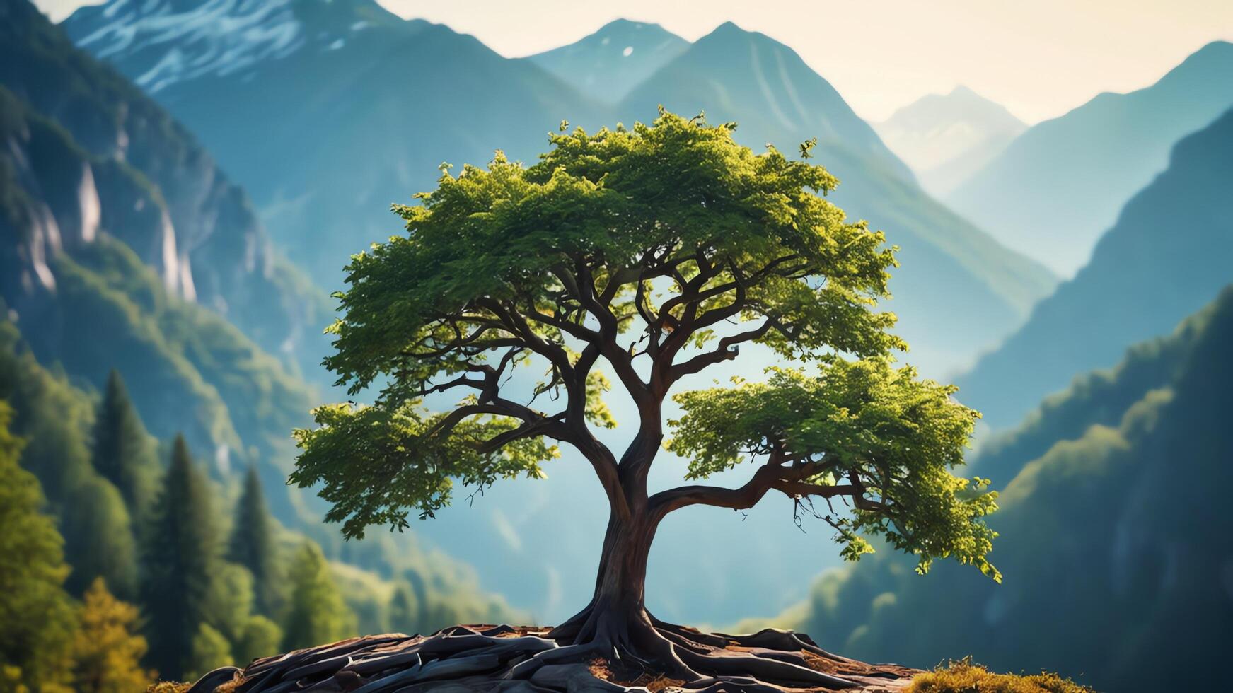 a lone tree stands overlooking a valley photo