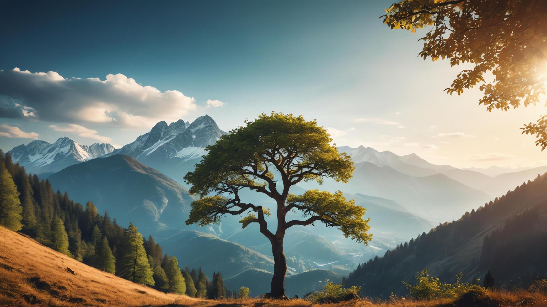 a lone tree stands overlooking a valley photo