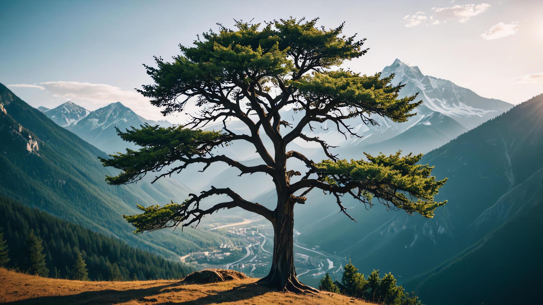 a lone tree stands overlooking a valley photo