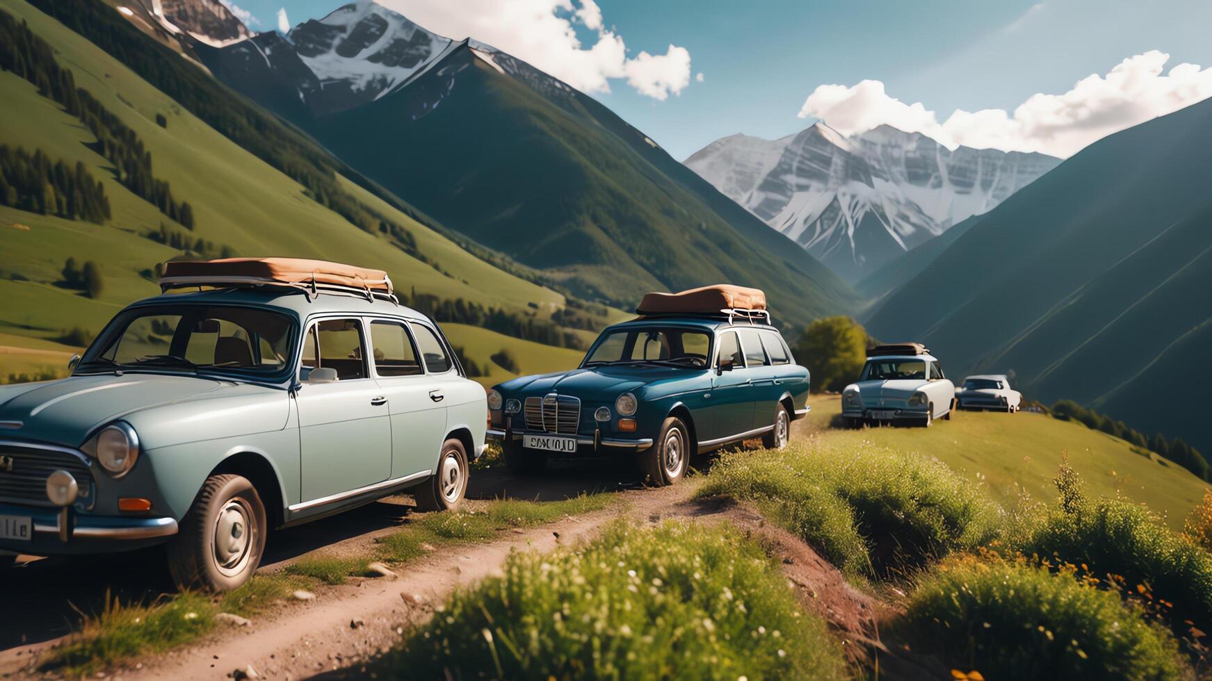 cars parked on a mountain road photo