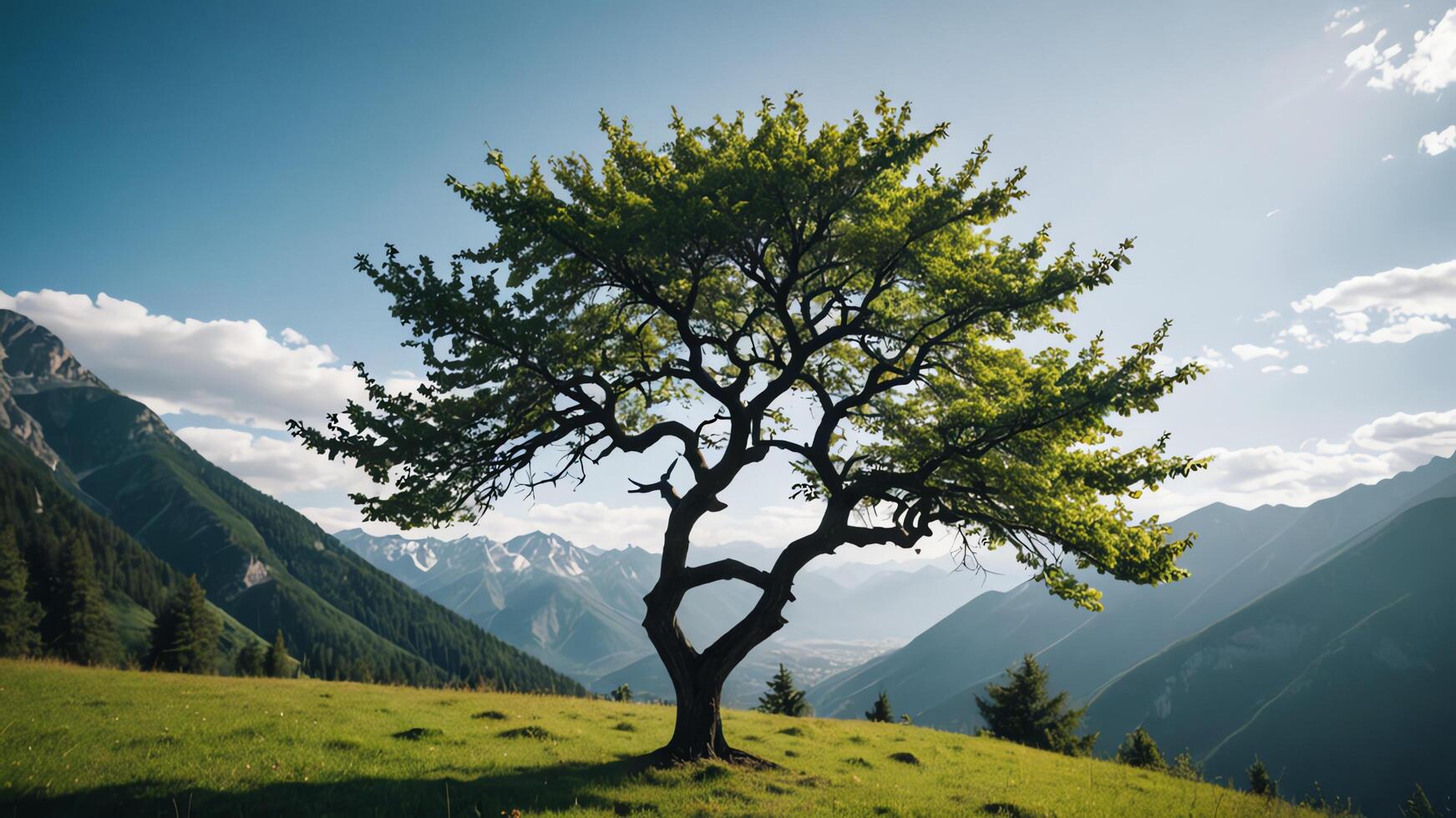 a lone tree stands overlooking a valley photo